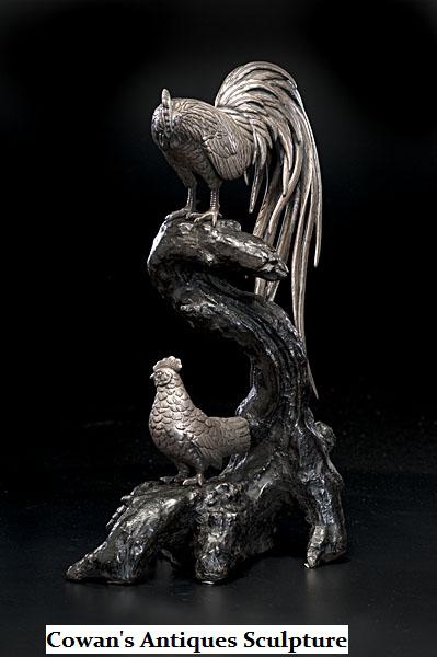 Japanese or Chinese Metal Sculpture /Hen and Cockerel on a Gnarled Branch Cowen_10