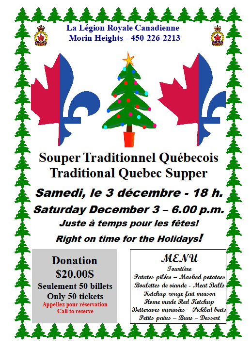 Quebec Traditional Dinner Saturday December 3 31220910