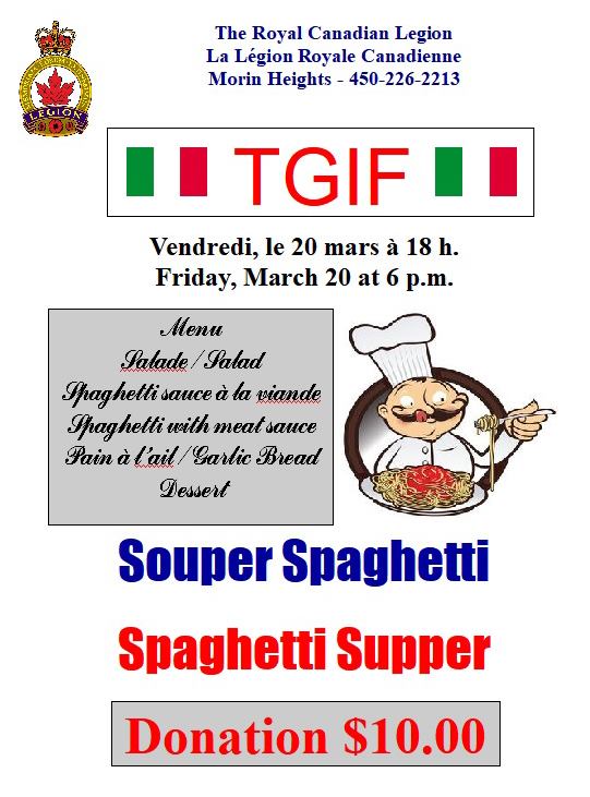 TGIF Spaghetti Supper Friday, March 20 at 6 p.m. EVENT CANCELLED 87361210