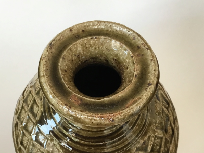 Stoneware 10” studio bottle vase ash glaze, drips, impressed diamonds 044cbf10