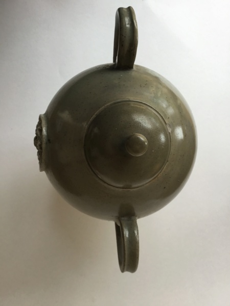 Unusual studio lidded handled pot, medieval seal 0b014d10