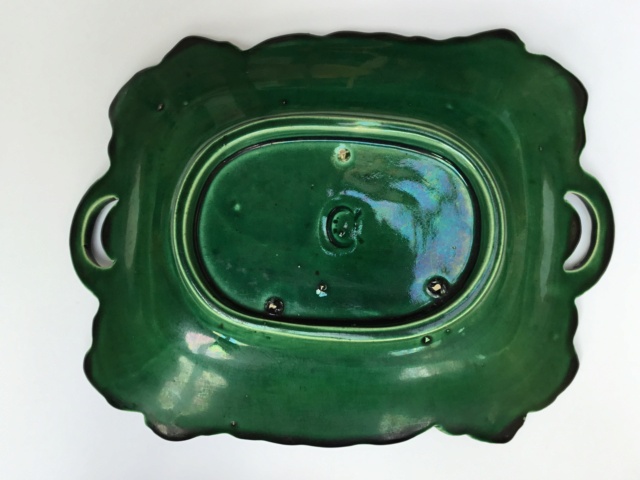 Majolica Green Strawberry Two Handled Platter, Marked, c1900 2cdc1010