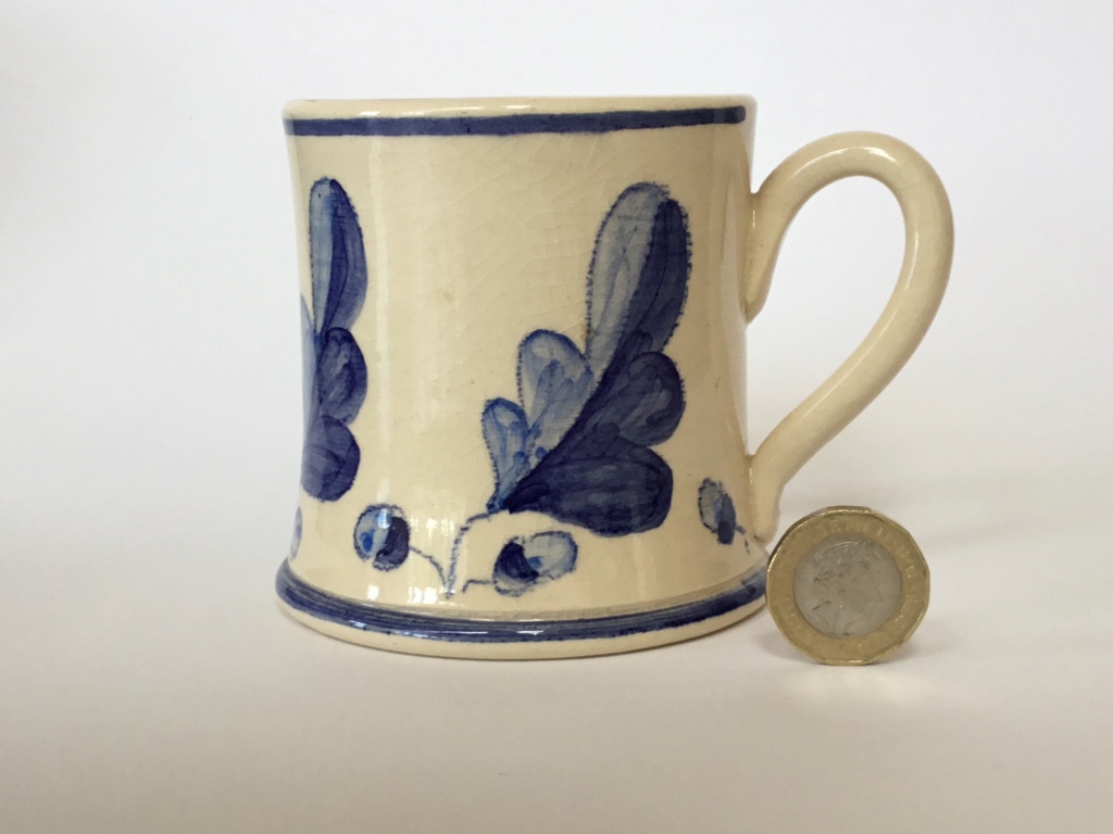 JK mark, blue & white studio oak leaf mug - Judith King?  3c357d10