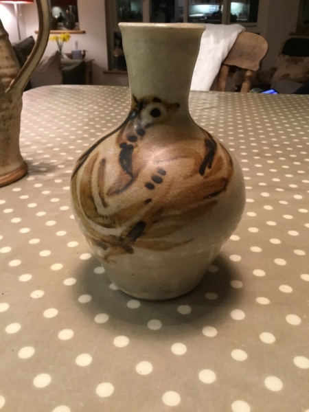 Studio stoneware vase, bird maybe chicken decoration, unmarked 4a34d610