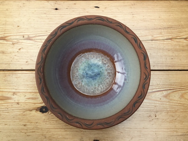 Studio stoneware bowl, glass glaze in bottom, unmarked 4b8f5810