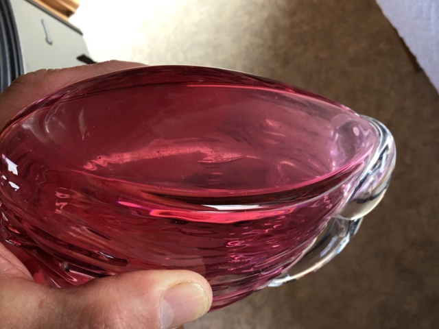 flat pink cranberry studio glass jug vase clear trails 4d5b7210