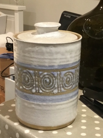 Grey 70s studio lidded pot jar with spirals.  53ffeb10