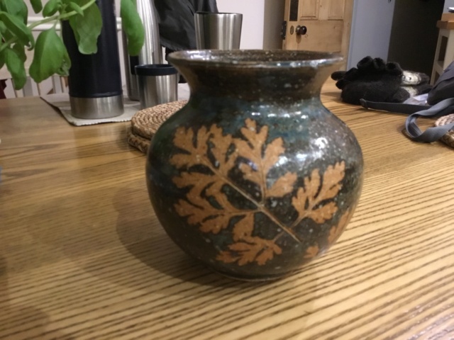 Stoneware vase, ES mark, oak leaf decoration  63a38e10