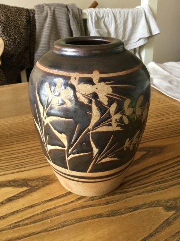 Stoneware studio vase, bamboo decoration, no mark - Cripplesease?  6542d810