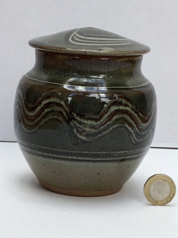 Studio Stoneware lidded jar, painted D - Wenford Bridge or Winchcombe  660e1510