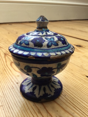 Middle Eastern blue flower pedestal bowl and cover - Iznik Pottery Turkey 72172f10