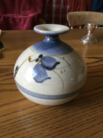 Studio vase, blue brown flowers on grey  90776310