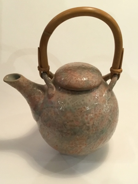 6” tall stoneware teapot, mottled pink & grey, T in triangle mark Ae482210