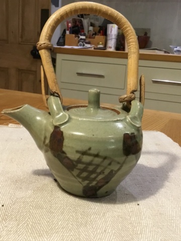 Studio Teapot, cane handle, celadon glaze, dv mark B5045610