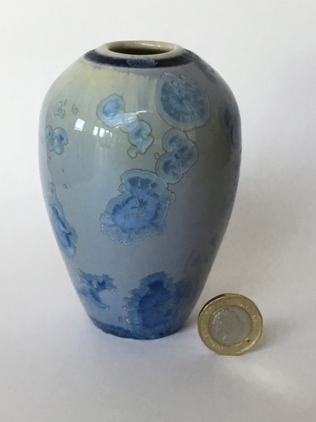 Small crystalline blue glaze vase painted AF, DF, PF Mark?  B6aec510