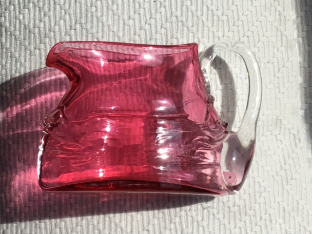 flat pink cranberry studio glass jug vase clear trails C0ed8510