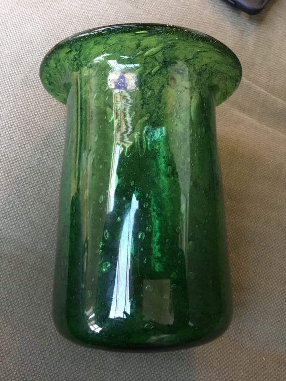 Swedish green glass vase, fragment of label - Björkshult D2073f10