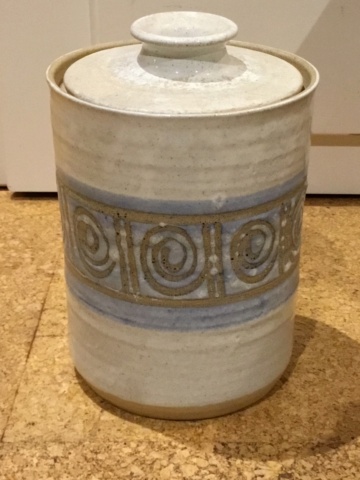 Grey 70s studio lidded pot jar with spirals.  E5ee4b10
