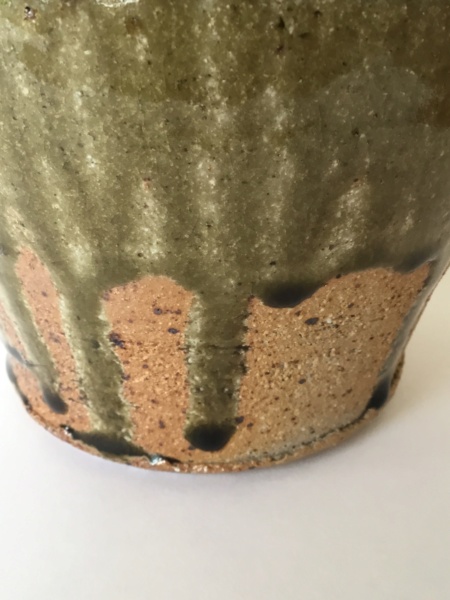 Stoneware 10” studio bottle vase ash glaze, drips, impressed diamonds E9397010