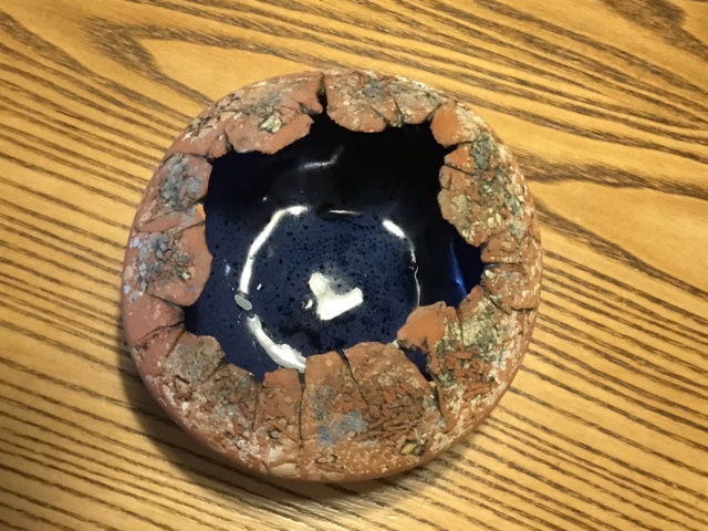 Studio pottery vase, brown grit & blue glaze Img_4611