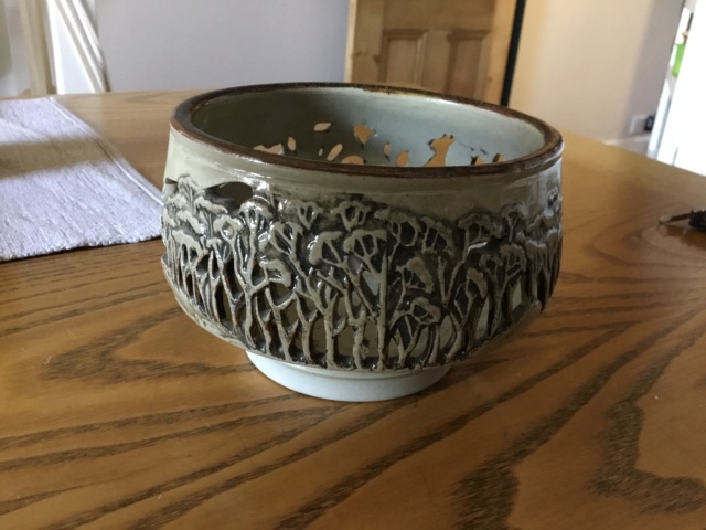 carved & pierced tree studio pottery bowl candle holder Img_4616