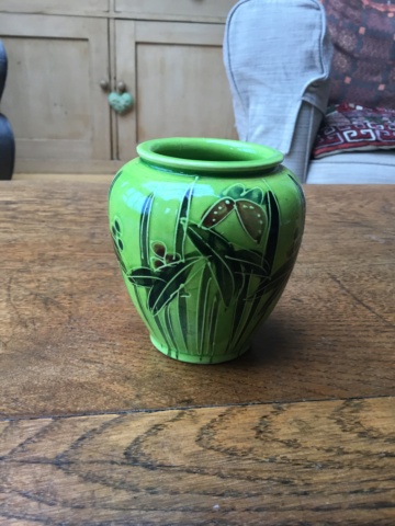 Lime green art pottery flower vase Img_5310