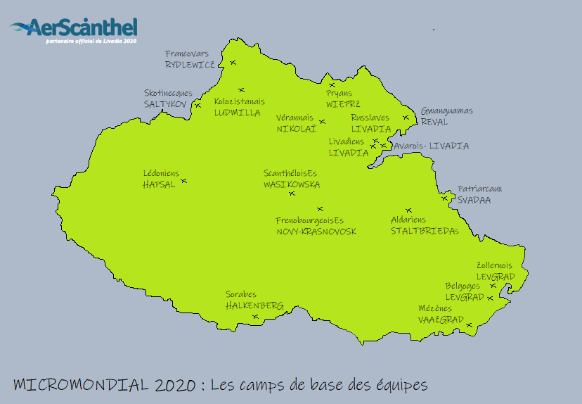 Carte des camps de base des équipes de football à Livadia lors du micromondial de football (2020) Livfoo12