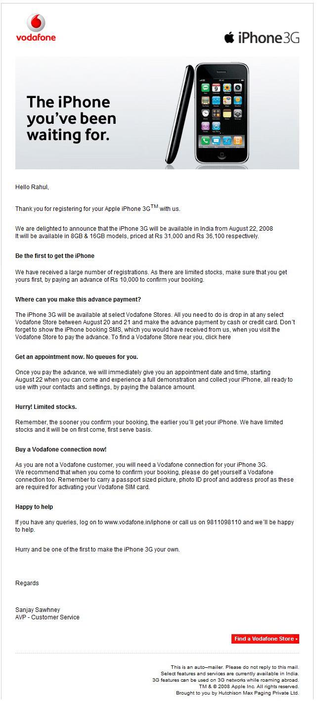 Official Emailfrom Vadfone about iPhone 3G Pricing 310