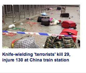 KNIFE-WIELDING 'TERRORISTS' KILL 29, INJURED 130 AT CHINA TRAIN STATION Screen16