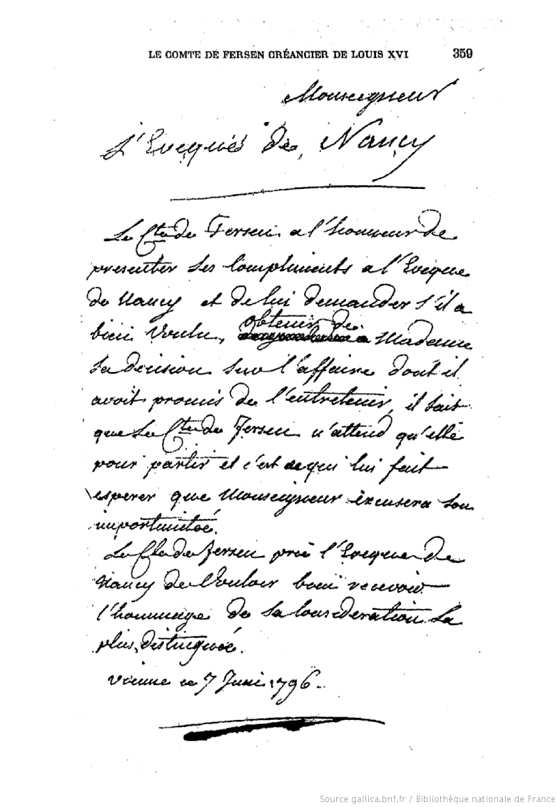 écrits - Lettres, mots, notes et extraits du journal d'Axel de Fersen F36110