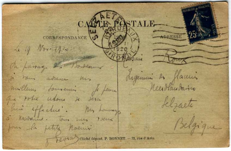 Carte postale illustrée pour la Belgique en novembre 1920 Semeus11