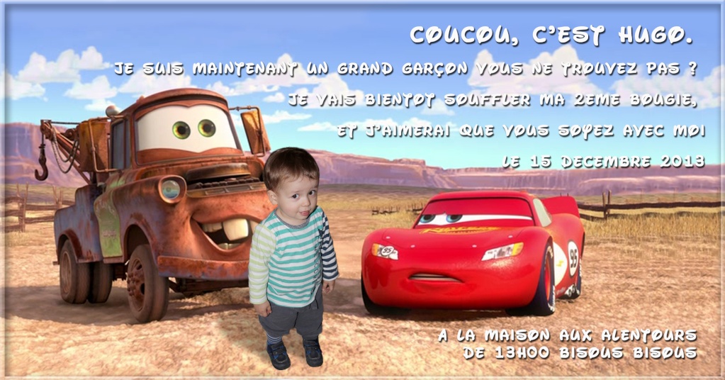 carte d'invitation pour mon fils Hugo 2 ans sur le thème de CARS Texte-10
