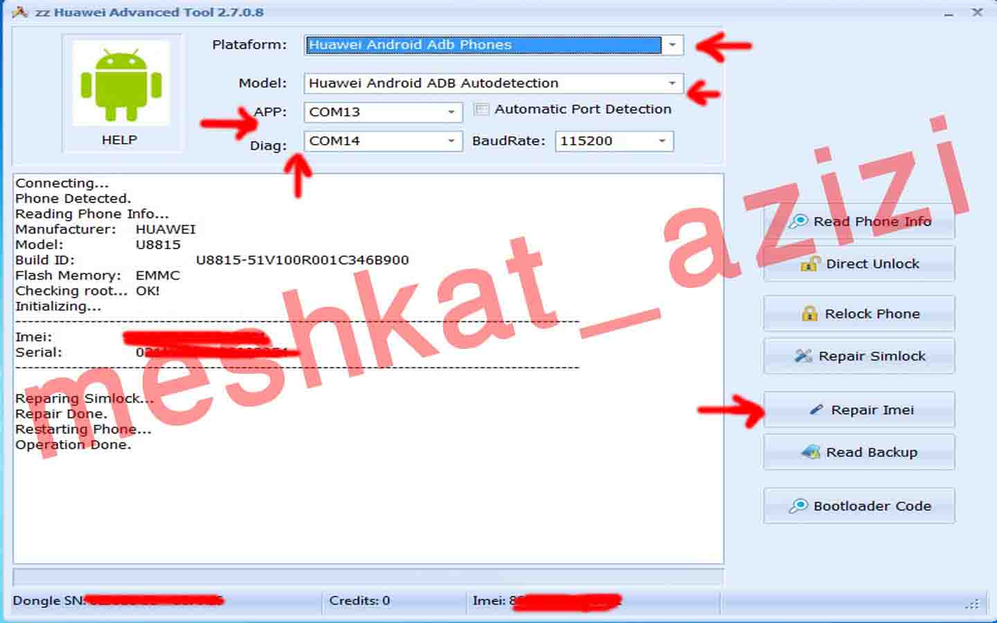  HUAWEI G300 repair imei&simlock done by Zzkey successfully Up920010