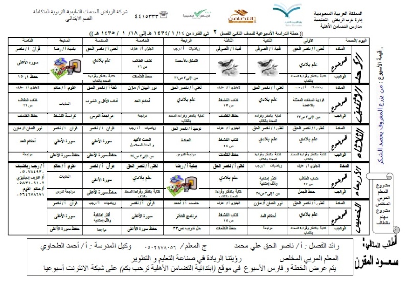 خطة الأسبوع الحادي عشر من 1435/1/14 ألى 1435/1/18 مدارس التضامن الأهلية  Ooo1110