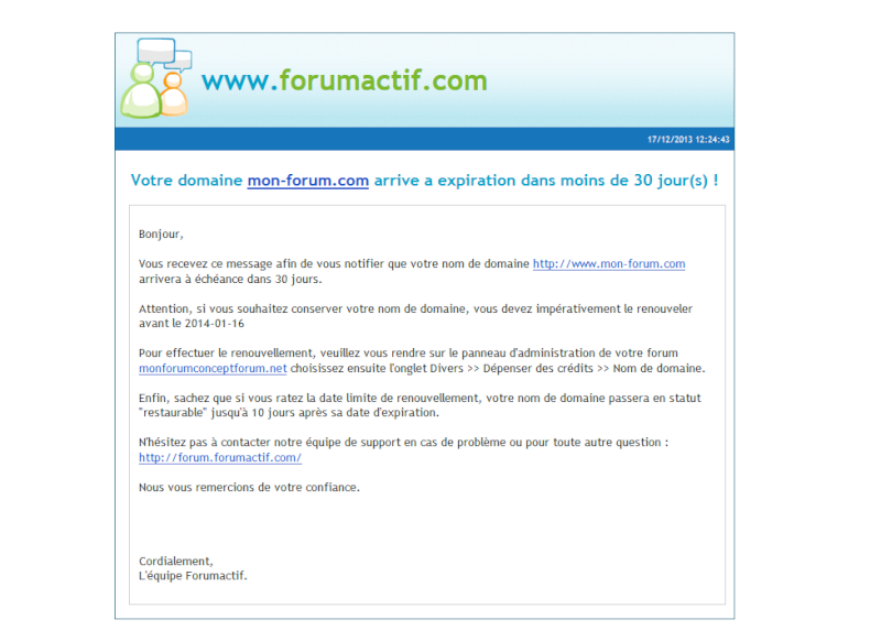 Système de notification email lors de l'expiration d'un nom de domaine