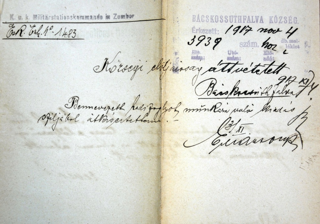 Bácskossuthfalvi dokumentumok a nagy háború idejéből 1914-1918 Dok710