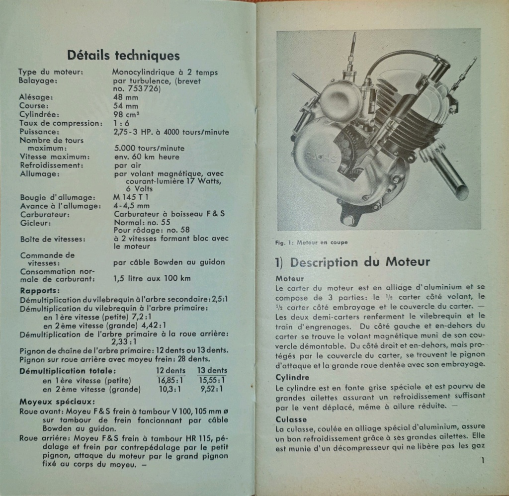 Moteur SACHS 98 cm³ pour vélomoteur Manuel d'Entretien Modèle 1950 1_manu11