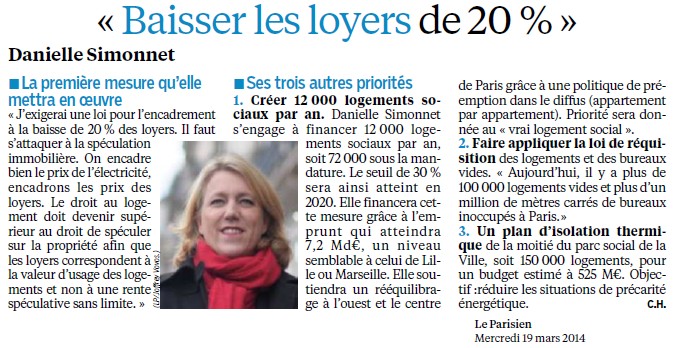 Danielle Simonet, candidate du Front de Gauche : Rendre les transports gratuits, baisser les loyers de 20 %, obtenir de nouveaux effectifs (Le Parisien) Baisse10
