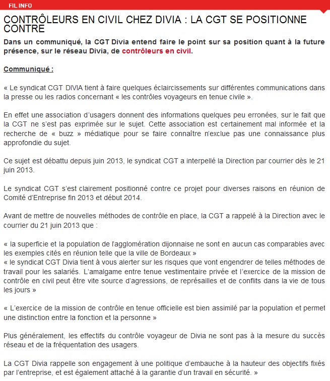Contrôleurs en civil chez Divia : la CGT se positionne contre (Gazette Info) Contra10