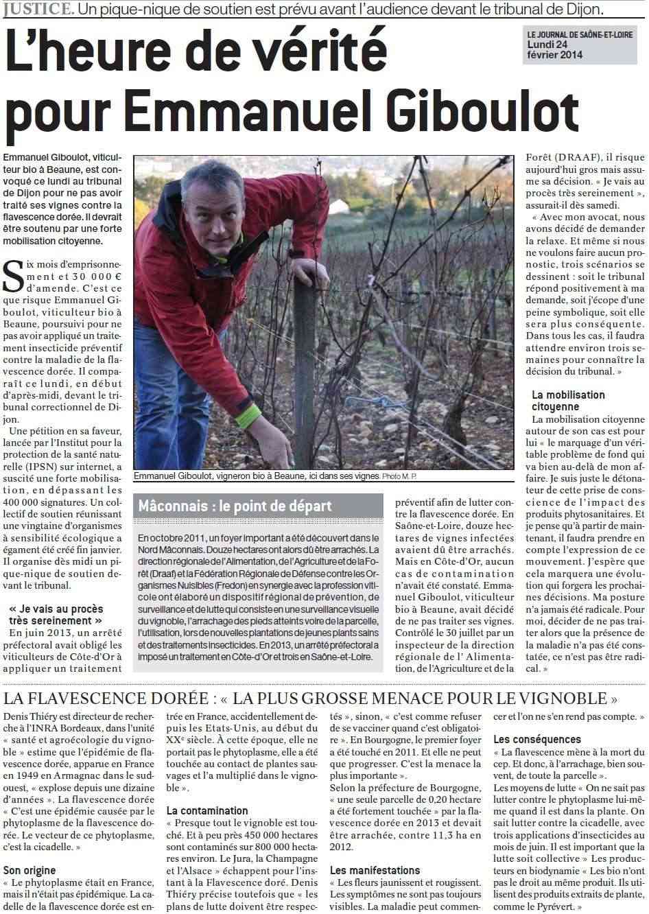 Le viticulteur bio Emmanuel Giboulot condamné à 1000 € d'amende (Le Miroir) + Lettre de Gabriel Amard à Gabriel Giboulot + Divers Heure_10