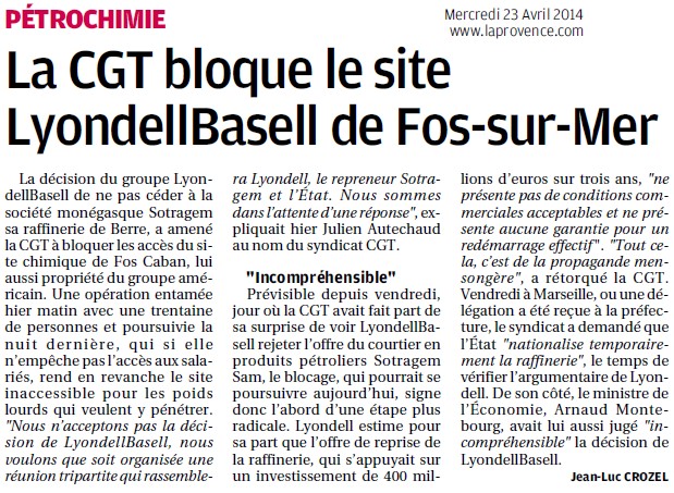 Marseille. Pétrochimie. La CGT bloque le site LyondellBasell de Fos-Sur-Mer + La suite mais pas la fin (La Provence) La_cgt11