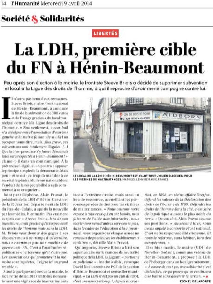 La Ligue des Droits de l'Homme, première cible du FN à Hénin-Beaumont (Humanité) + Divers Ldh10