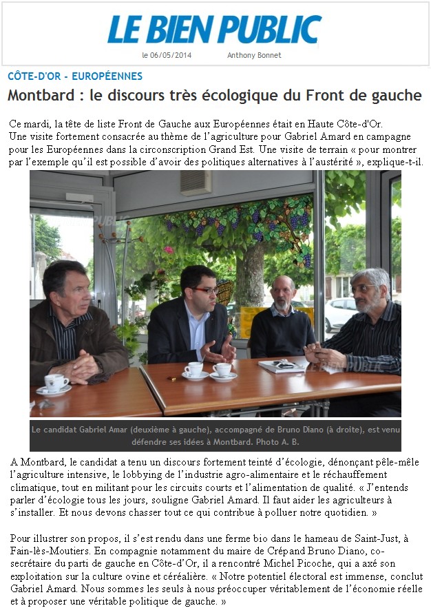 Côte-d'Or. Européennes. Montbard : le discours très écologique du Front de Gauche (Bien Public) + Gabriel Amard en campagne (Le Châtillonnais et l'Auxois) Le_dis10