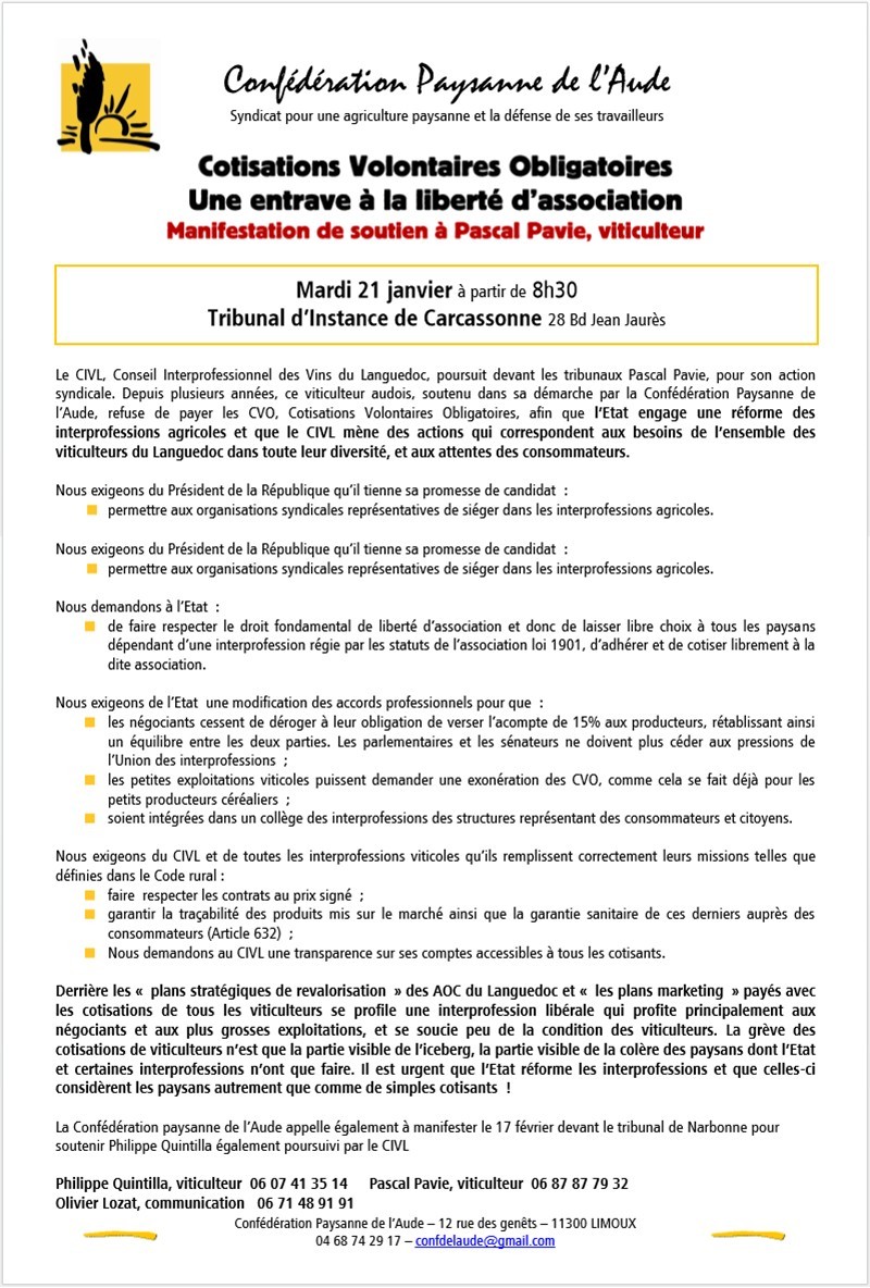 Nouvelles manifs' de soutien aux vignerons en lutte (La Dépêche du Midi) + Manifestation de soutien à Pascal Pavie (Confédération Paysanne de l'Aude) Manife10