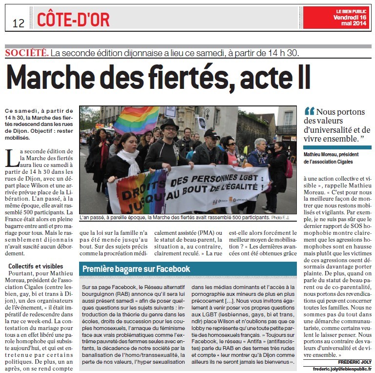Côte-d'Or. Marche des fiertés, acte II (Bien Public) + DIJON : «Gay pride» un an après la loi du « mariage pour tous » (Infos-Dijon) + Divers Marche13