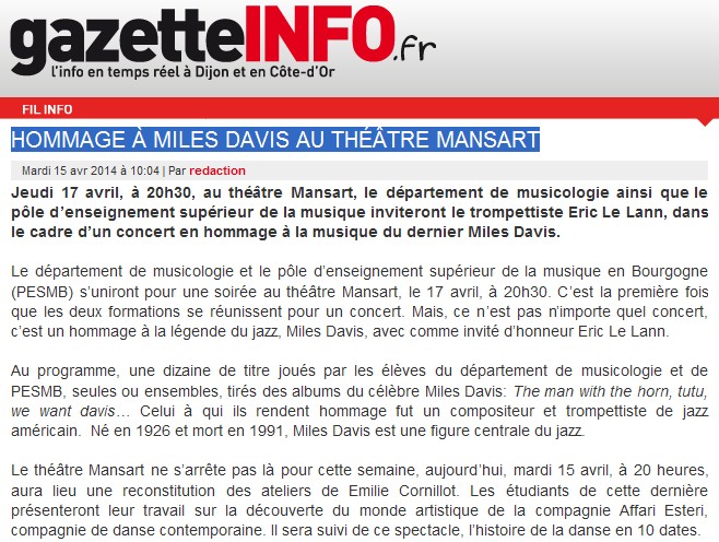 Dijon. Hommage à Miles Davis au théâtre Mansart (Gazette Info) Miles10