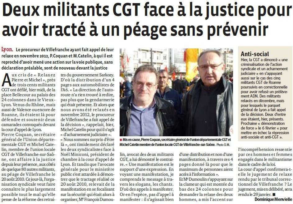 Deux militants CGT face à la justice pour avoir tracté à un péage sans prevenir (Le Progrès de Lyon) Milita10