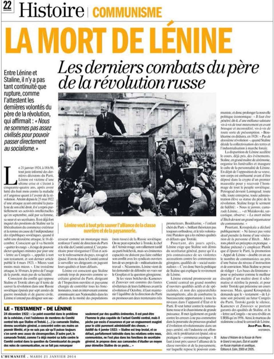 La mort de Lénine. Les derniers combats du père de la Révolution russe (Humanité) + Extrait du
