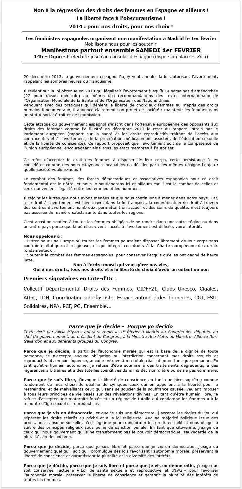 Dijon. Manifestation le 1er février en soutien au droit des femmes en Espagne et ailleurs + Dijon : les pro IVG manifestent (Le Bien Public) Non_a_11