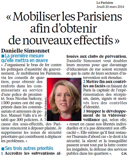 Danielle Simonet, candidate du Front de Gauche : Rendre les transports gratuits, baisser les loyers de 20 %, obtenir de nouveaux effectifs (Le Parisien) Obteni10